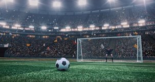 4k footage of a soccer player making a goal and goalie fails to catch it  on a professional outdoor soccer stadium. Players wear unbranded uniform. Stadium and crowd are made in 3D.