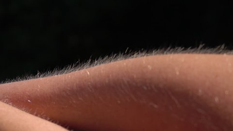 CLOSE UP MACRO DOF: Detail of skin and hair with goose bumps on female's forearm isolated against black background. Light hair on person's arm raised up. Bright Caucasian skin getting goosebump chills