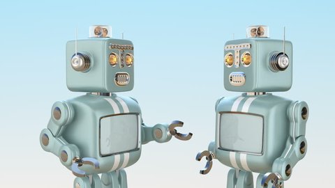 Two retro robots chatting with each other. Chatbot concept. 3D rendering animation.