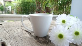 SLOW MOTION of people hand drinking coffee relaxing at home outdoor living