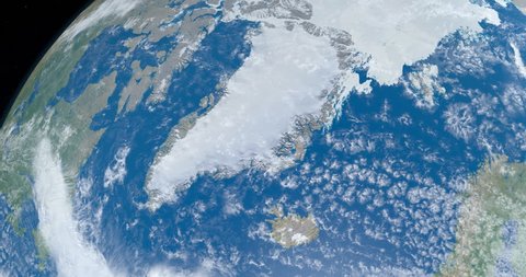 View of Greenland country, in the Artic with the atlantic ocean and Artic ocean, in planet earth from outer space gyrating in timelapse with the universe at background