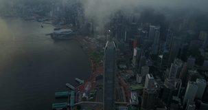 Fly over IFC tower, sky100 Tower Hong Kong City, Hongkong, Hong Kong 4k video aerial