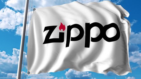Waving flag with Zippo logo. 4K editorial animation