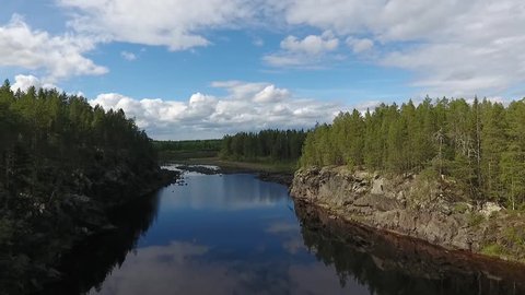 Aerial view of calm river in lapland Finland.