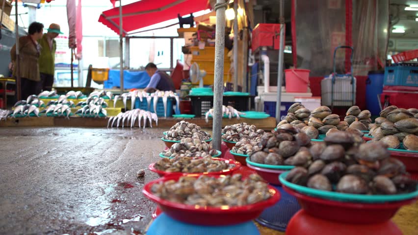 4K, South Korean Seller On Jagalchi Fish Market. Vendors and Asian People In The Seafood Market Sell And Buy Fresh Food In the street in Busan, South Korea. Selling Fresh Chilled Octopus and Clams-Dan