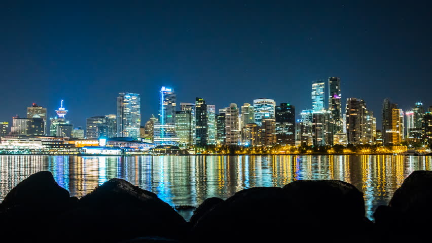 Vancouver time lapse at night of skyline and ocean 4k 1080p - time lapse of downtown vancouver british columbia and ocean