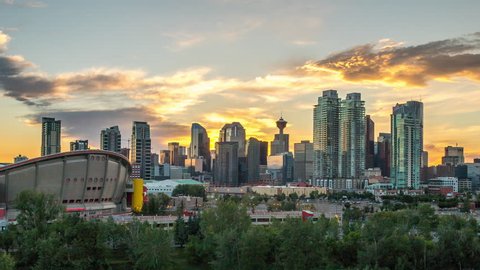 Beautiful Calgary Sunset Time Lapse of Skyline 4k 1080p - Time lapse of sun setting behind downtown calgary alberta