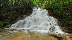 Time lapse clip video of water fall in spring season located in deep rain forest jungle. 