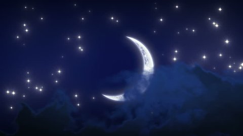 Beautiful New Moon with Stars and Clouds. Night Time Lapse. Looped animation. HD 1080.