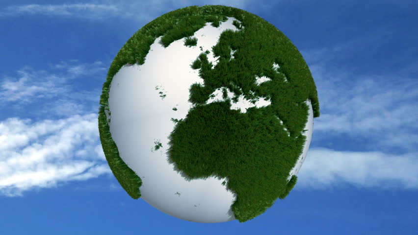 3D rotating earth with grass on sky background (with alfa matte)