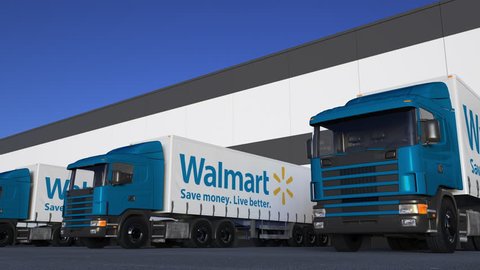 Freight semi trucks with Walmart logo loading or unloading at warehouse dock, seamless loop. Editorial 4K animation