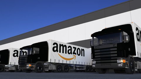 Freight semi trucks with Amazon.com logo loading or unloading at warehouse dock, seamless loop. Editorial 4K animation