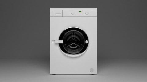 Camera goes into a domestic washing machine with open door ready to receive dirty clothes.