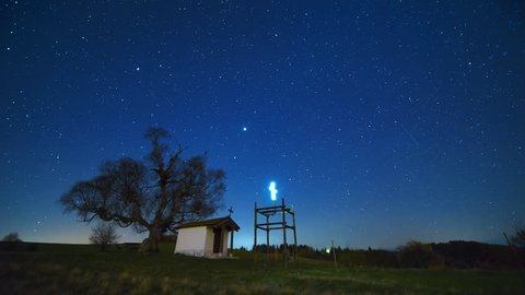 Timelapse of the night sky with stars and milky way over a small church during spring time.