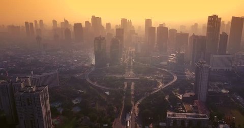 Aerial view of beautiful landscape of Semanggi road intersection in the misty morning, shot in 4k resolution