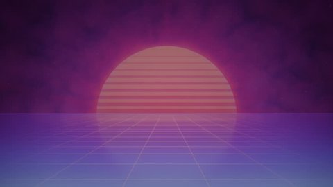 Striped Sun and Grid in 80s Retro Futuristic Style - Seamlessly Looping Animated Background