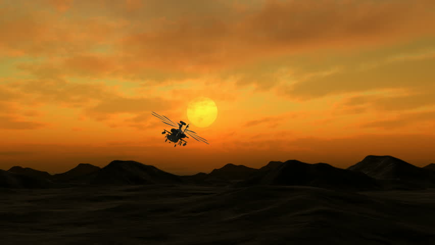 An Apache attack helicopter flying against dramatic landscape at dawn.  
