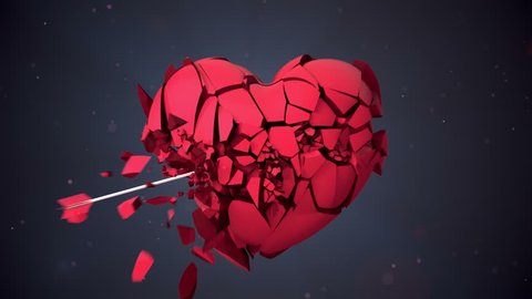 Broken Heart Hit by Cupid Arrow Shattered Into Pieces