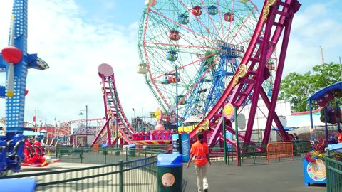 CONEY ISLAND, NY, USA - JULY 1, 2017: Stock motion footage Coney Island amusement park Luna 4k shot with a gimbal stabilized video camera