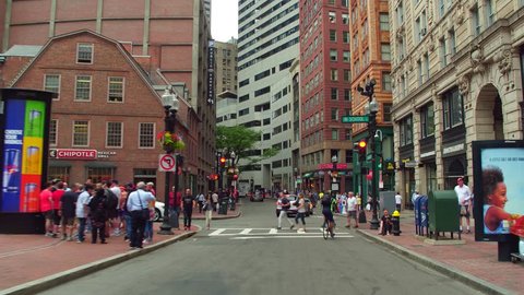 BOSTON, MA, USA - JULY 1, 2017: Motion video Washington Street Boston shot with a gimbal stabilized video camera 4k