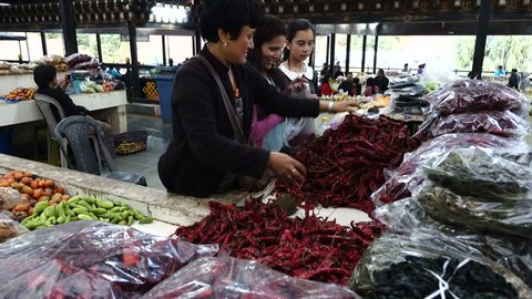 THIMPU, BHUTAN - March 2016: Local market in Thimphu. on March 18, 2016 in Thimpu, Bhutan. These are the only days when the residents of Thimphu can buy fresh fruit and vegetables.