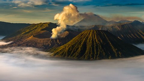 Time Lapse of Mount Bromo volcano (Gunung Bromo) during sunrise from viewpoint on Mount Penanjakan in Bromo Tengger Semeru National Park, East Java, Indonesia.