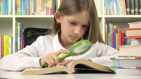 4K Student Child Learning, Studying at Library, School Girl Reading Book at Desk