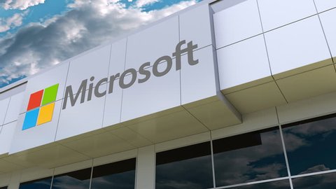 Microsoft logo on the modern building facade. Editorial 3D rendering