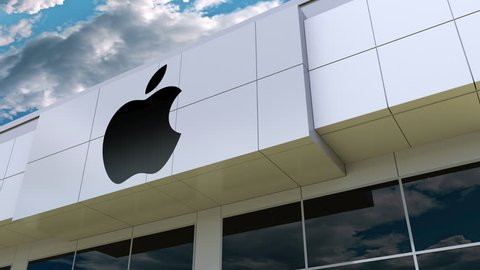 Apple Inc. logo on the modern building facade. Editorial 3D rendering