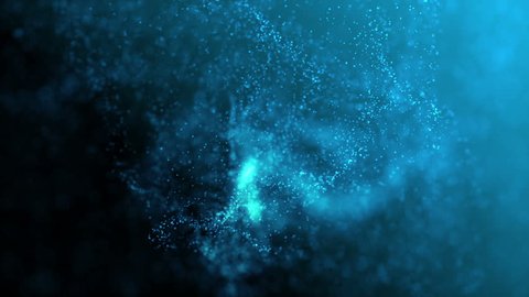 Blue illuminated particles in organic motion. Depth of field settings. 3D rendering.