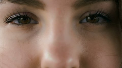 Alluring eyes of a young woman looking into the camera. Close up. 