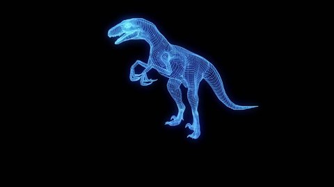 Dinosaur Raptor Velociraptor in Hologram Wireframe Style. Nice 3D Rendering
