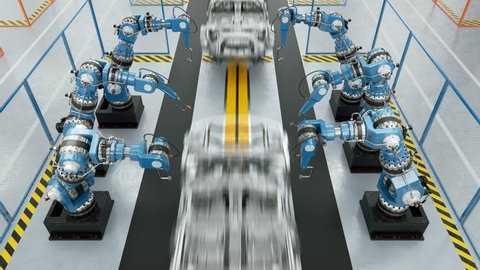 Working Car Conveyor Belt on the Automobile Plant with Spot Welding Robots