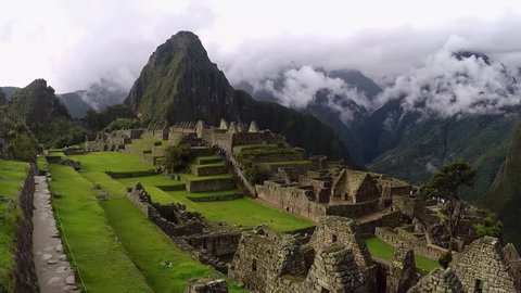View of the center of Machu Picchu with a pan to the right and back
