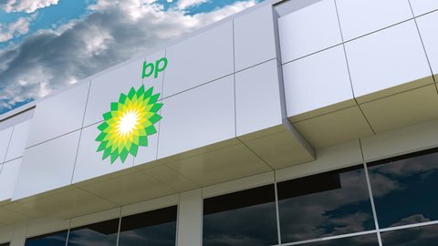 BP logo on the modern building facade. Editorial 3D rendering