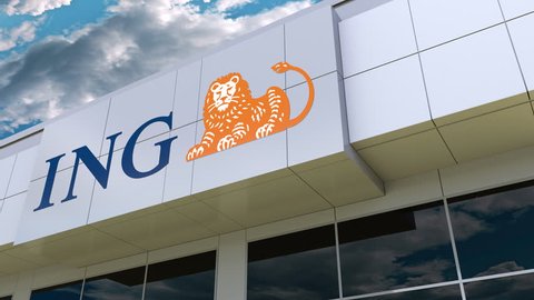ING Group logo on the modern building facade. Editorial 3D rendering
