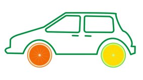 A car with orange wheels.   Cartoon, video, animation.Alpha channel.