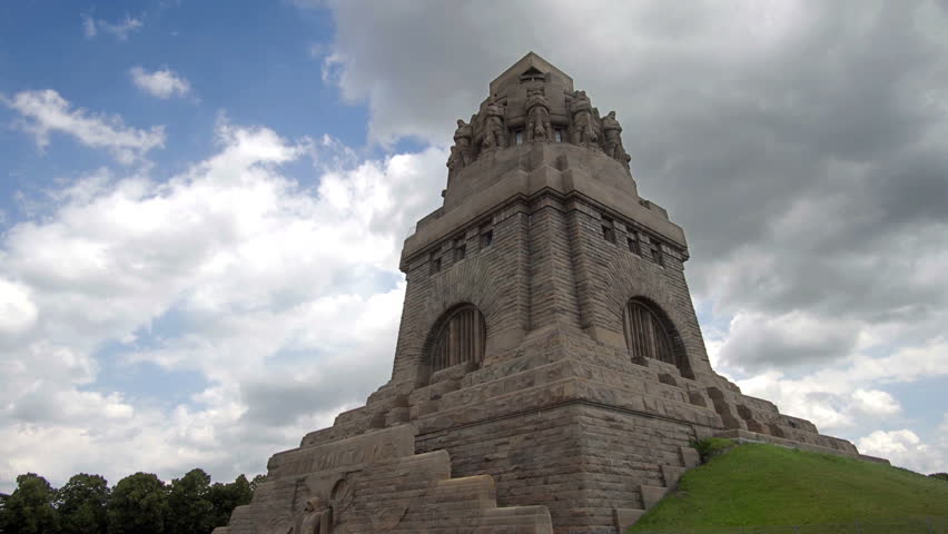 Timelapse of Monument to Battle of Nations in Leipzig Germany built to honor fallen soldiers in the armies of Russia, Prussia, Austria, and Sweden against the French army of Napoleon during a battle.