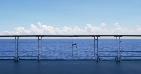A static daytime establishing shot looking at the open ocean from the deck of a cruise ship. Shot at 48fps.  	