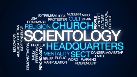 Scientology animated word cloud, text design animation.
