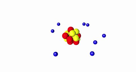 Animated oxygen atom isolated on white background. Neutron is yellow, proton is red, and blue electron rotates around the core. Scientific and educational 3D animation