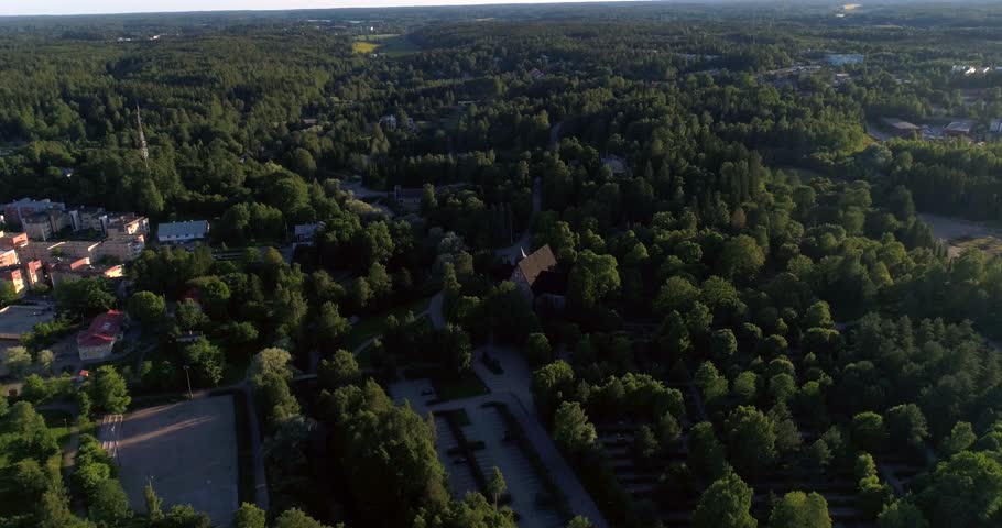 Espoo church, Cinema 4k aerial view around Espoon tuomiokirkko, at a evening, in Esbo, Uusimaa, Finland