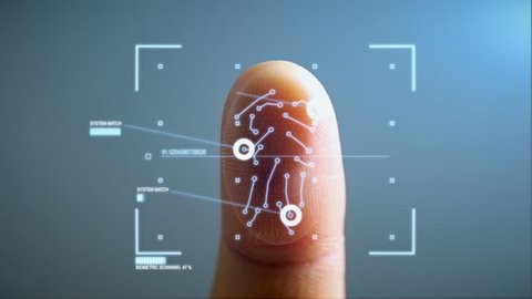 Futuristic Biometric Fingerprint Security Scanner - Biometric scanner scanning a human finger and identifying the user for access. 