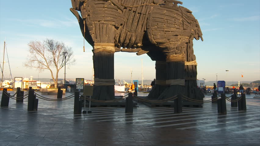 The monument of wooden trojan horse in the city center of Canakkale.
