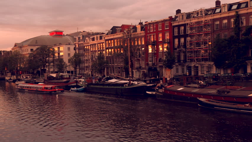 View of the Amstel at sunset, Amsterdam.
