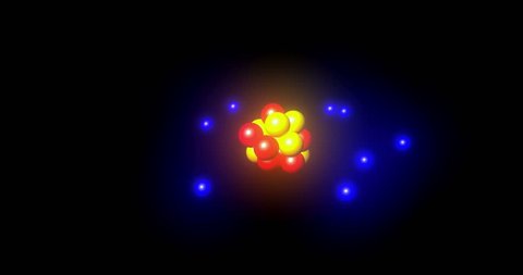 Oxygen atom with proton, neutron and electron rotate and emit light isolated on black background. 3D Animation