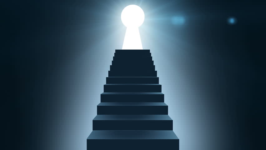 Stairs to light key hole door. Hope And Freedom Concept. Stairway to a bright world shaped of key hole full hd and 4k, Light and Dark Concept. Religion background. Achievement and success concept. Royalty-Free Stock Footage #29378569