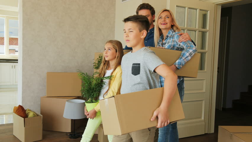 Portrait of young exaciting family carrying cardboard box into the new modern home to the living room. Royalty-Free Stock Footage #29380363