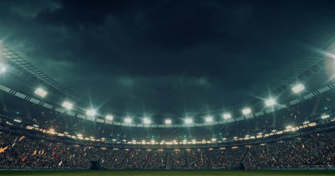 Low angle view of an outdoor stadium or arena full of spectators under a stormy sky. Full 3d modelled and animated stadium with moving lights