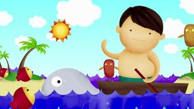 Funny and cute animation young fisherman sail on boat with island, sun & sky as background. Whale, fish, and bird accompany him.